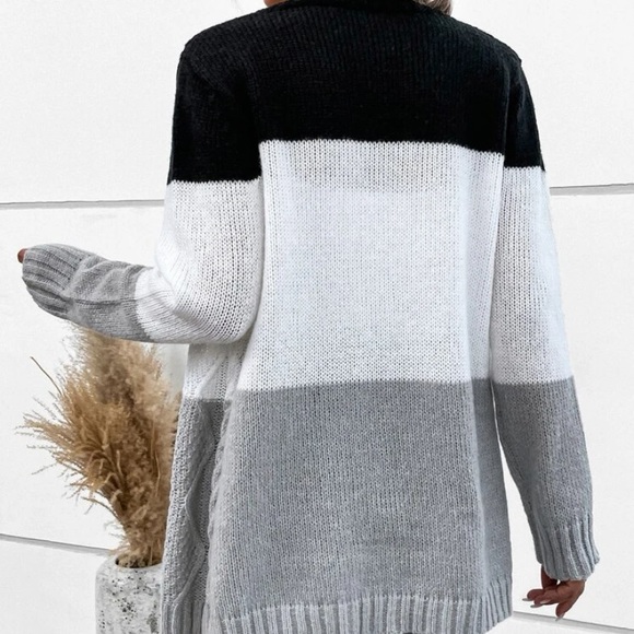 New! Colorblock Knit Cardigan Sweater Black White Gray - Picture 6 of 8